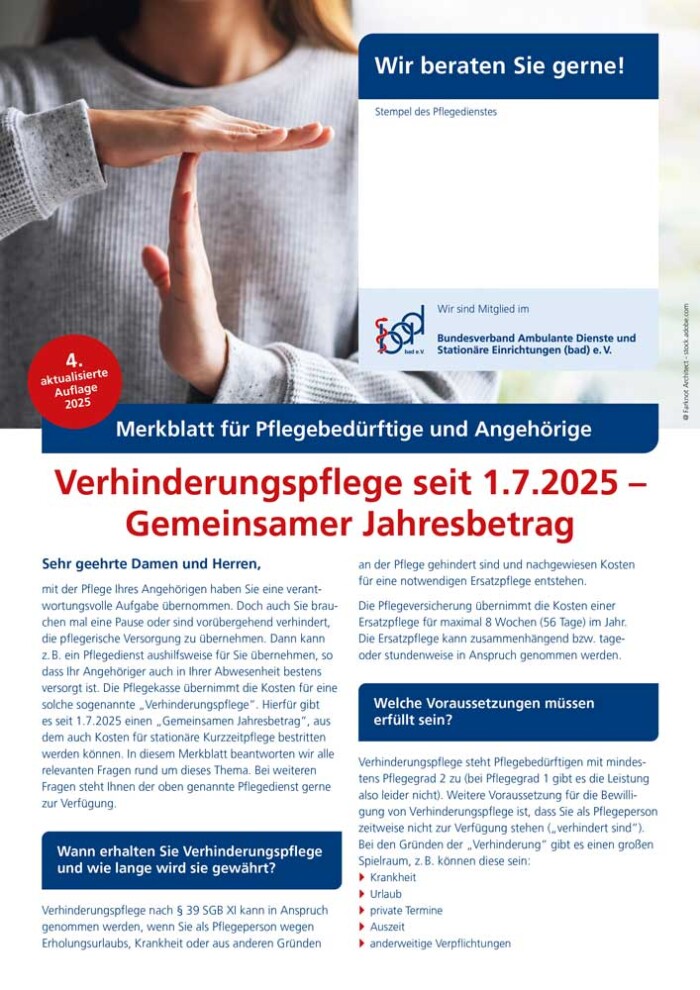 Merkblatt Verhinderungspflege – Gemeinsamer Jahresbetrag